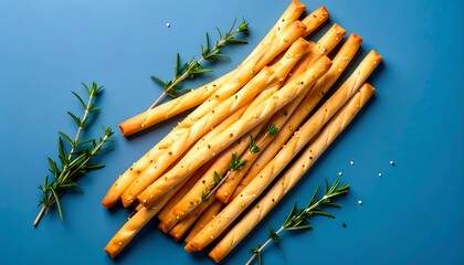 Savory grissini breadsticks with aromatic rosemary sprigs on a vibrant background