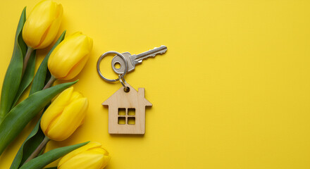 A key with a house keychain and yellow tulips on a bright yellow background with copy space available