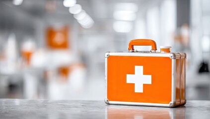 Orange first-aid kit on a light gray surface, with a blurred medical background