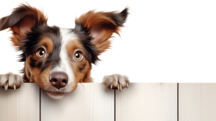 Cute dog with big eyes and fluffy ears peeking over wooden fence illustration isolated on white background