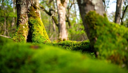 Lush green moss blankets forest floor, highlighting tree roots and natural beauty.