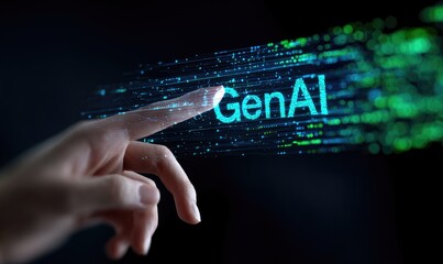 A hand hovering over a glowing, digital display of "GenAI," surrounded by streams of binary code