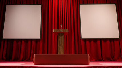 Stage podium in front of red drapes