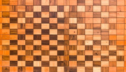 A detailed view of a decorative wall featuring a repeating pattern of small, square, light and dark brown wooden blocks.