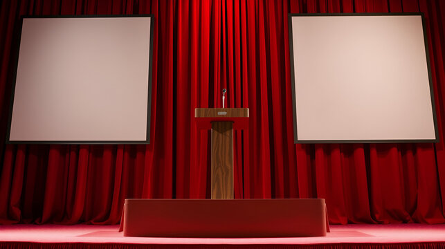 Stage podium in front of red drapes - Powered by Adobe