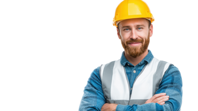 Professional construction worker smiling, wearing safety equipment, white isolate background.