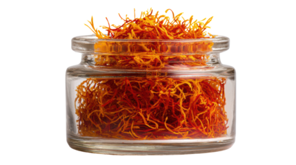 Saffron threads in a glass jar, vibrant orange color on a white isolated background.
