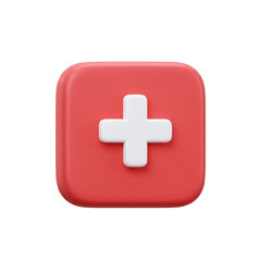 Obraz premium A vibrant, three-dimensional rendering showcases a red square with rounded corners, prominently featuring a white cross at its center, symbolizing addition and positivity.