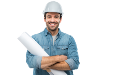 Smiling construction worker holding blueprints, dressed in safety gear, standing confidently on white background.