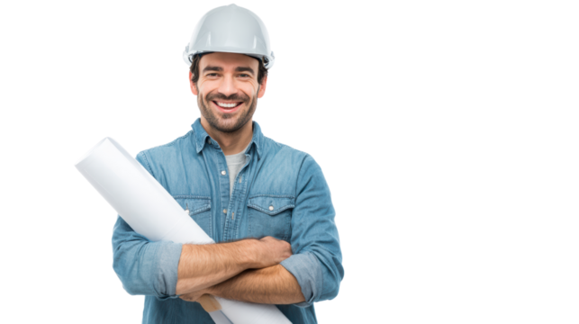 Smiling construction worker holding blueprints, dressed in safety gear, standing confidently on white background.