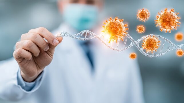 The Scientist of Bio Research: A dedicated scientist meticulously examines a delicate DNA helix amidst swirling viruses.