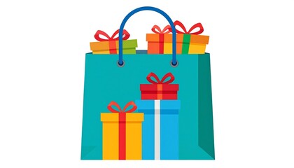 Vibrant Teal Shopping Bag Overflowing with Colorful Wrapped Gifts and Red Bows.