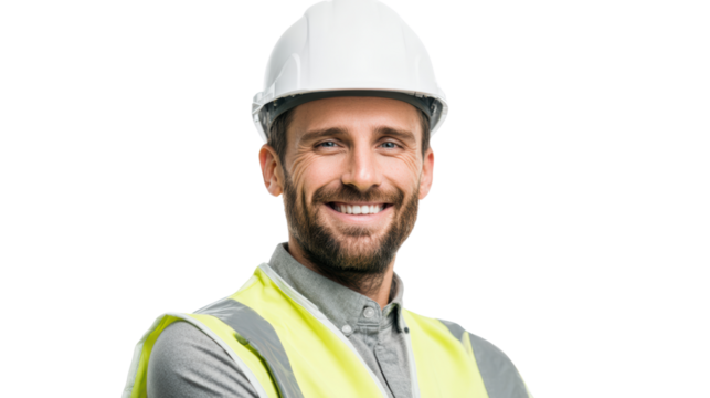 Smiling construction worker in safety gear with hard hat, isolated on white background.