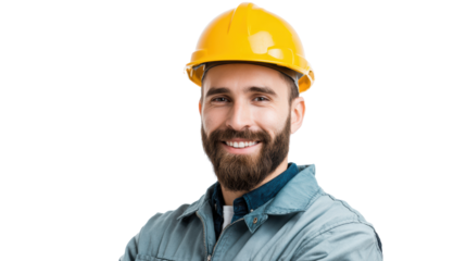 Smiling construction worker wearing a yellow hard hat and gray jacket, isolated on a white background.