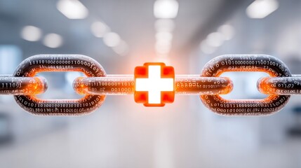 Blockchain Symbol: An intricately detailed chain, aglow with digital data, forms the core of this blockchain symbol, representing the crucial connection and innovation in technology.