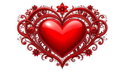 Ornate, red heart design framed by detailed floral swirls and decorative elements.