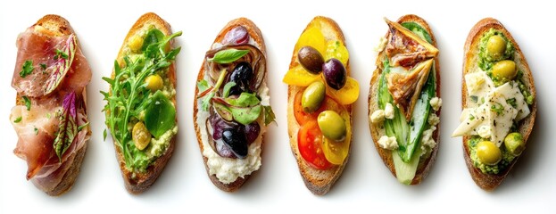 Assorted toasted baguette slices topped with various savory ingredients