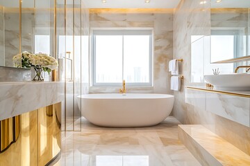 Fototapeta premium Elegant modern bathroom retreat featuring luxurious marble, gold accents, and a freestanding soaking tub with city views