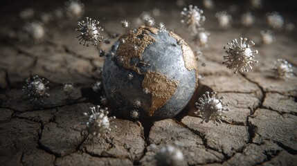 A cracked Earth surrounded by viral spheres, [global pandemic, environmental impact], symbolic representation of worldwide health crises.