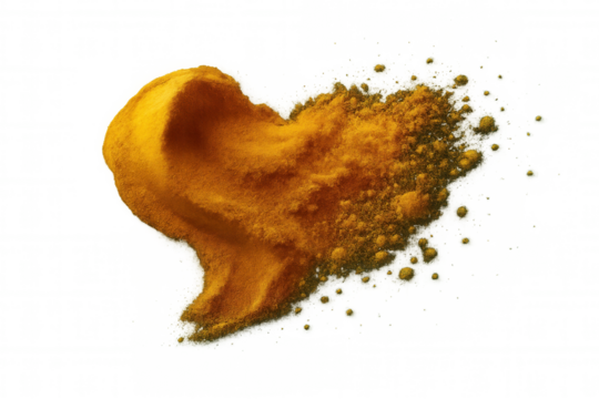 Turmeric powder forming heart-shaped pattern, symbolizing culinary wellness against clean transparent backdrop