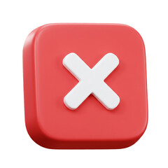 Obraz premium A vibrant rendering showcases a red square with a white cross symbol, representing cancellation or removal, against a dark background, emphasizing its bold design.