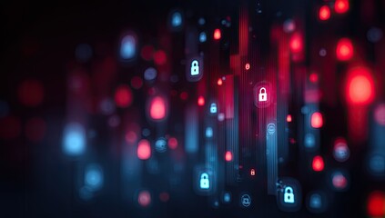 Abstract digital security concept.  Layered, glowing lock icons against a dark background.  Bokeh effect creates depth and movement.  Red and blue light highlights the lock symbols.