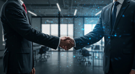 Business handshake in modern office setting with digital overlay signifying collaboration and agreement