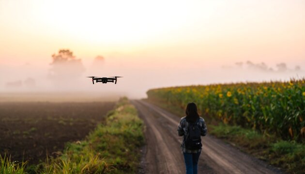 A person walks down a dirt road on a misty morning, a drone soaring above a field of corn. - Powered by Adobe
