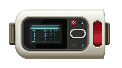 Retro-futuristic medical device with a screen showing graphical data, red slider