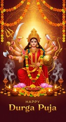 Fototapeta premium Goddess durga seated majestically with multiple arms holding weapons celebrating durga puja festival