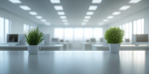 Obraz premium Modern Office Space with Green Plants on Minimalist Table