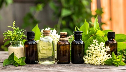Several small glass bottles of herbal oils, nestled among fresh greenery and flowers, exude a serene and natural ambiance.