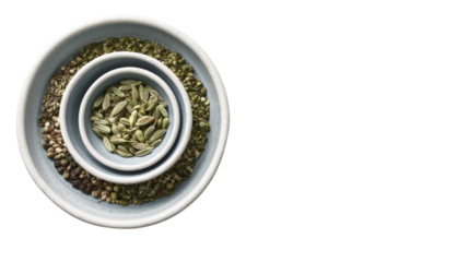 Variety of spices in bowls, isolated on white background, perfect for culinary themes and food-related designs.