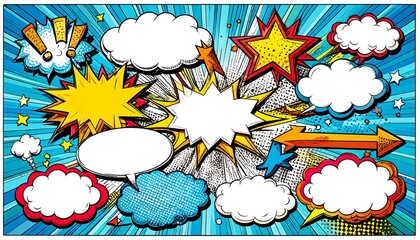 Vibrant comic book style background design features various speech bubbles, stars, and arrows, set against a dynamic blue and red backdrop.