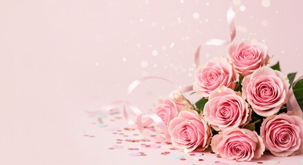 A bouquet of pink roses with confetti and ribbon on a light pink background in soft focus style