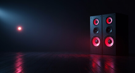 Two black speakers with red accents standing in a dark room with a spotlight shining on them nicely
