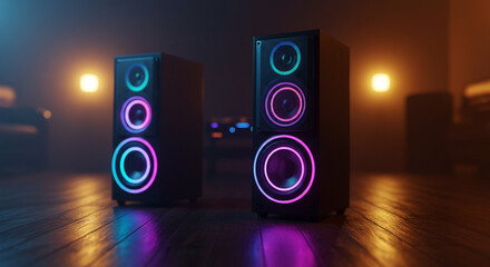 Two speakers with colorful led lights on a wooden floor in a dimly lit room with soft lighting glow