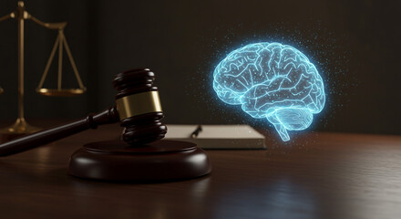 A gavel and scales of justice beside a glowing blue brain on a dark wooden table in a courtroom setting