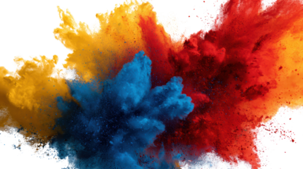 Vivid explosion of colored powder with a dynamic blend of blue, red, and yellow on a black background.