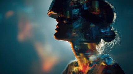 Innovative technology interface, back view (close up, focus on, copy space) rich colors, double exposure silhouette with virtual reality.
