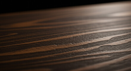 Close up shot of a dark brown stained wooden surface with visible wood grain and light reflections