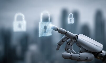 A robotic hand interacts with a glowing lock symbol against a cityscape backdrop
