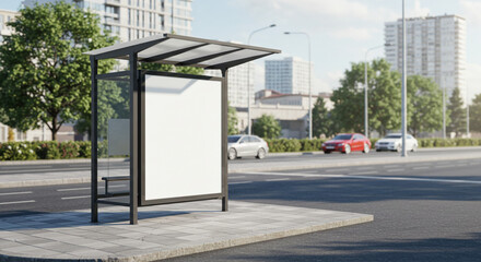 A bus stop with a blank white advertising space on a city street with cars and buildings in the back