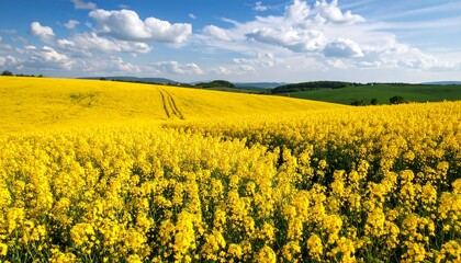 A vast field of vibrant yellow rapeseed flowers stretches across a landscape under a clear blue sky dotted with fluffy white clouds.
