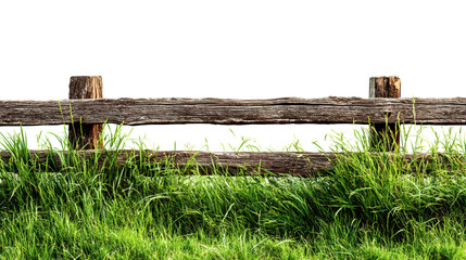 Fototapeta premium Wooden fence surrounded by lush green grass on a clear day, isolated on a white background.