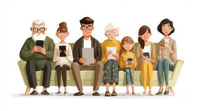 A cartoon family of seven sitting on a couch looking at their electronic devices in a row together