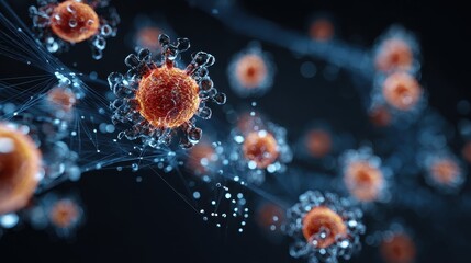 Obraz premium Viral particles, floating in futuristic digital network, 3D illustration.