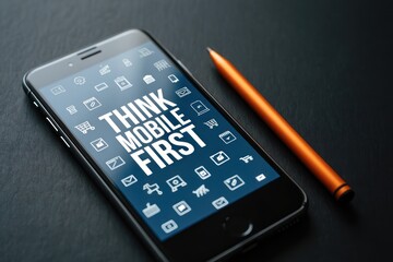 Inspiring smartphone screen displaying "think mobile first" with digital icons