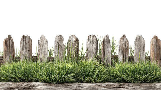 Wooden fence with grassy plants underneath, white isolated background.