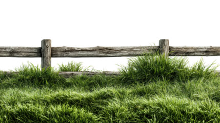 Wooden fence with lush green grass in the foreground, isolated on a white background.